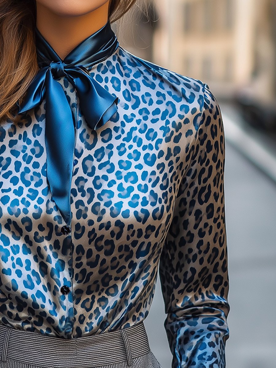 Chic Blue Leopard Satin Blouse with Statement Bow Collar