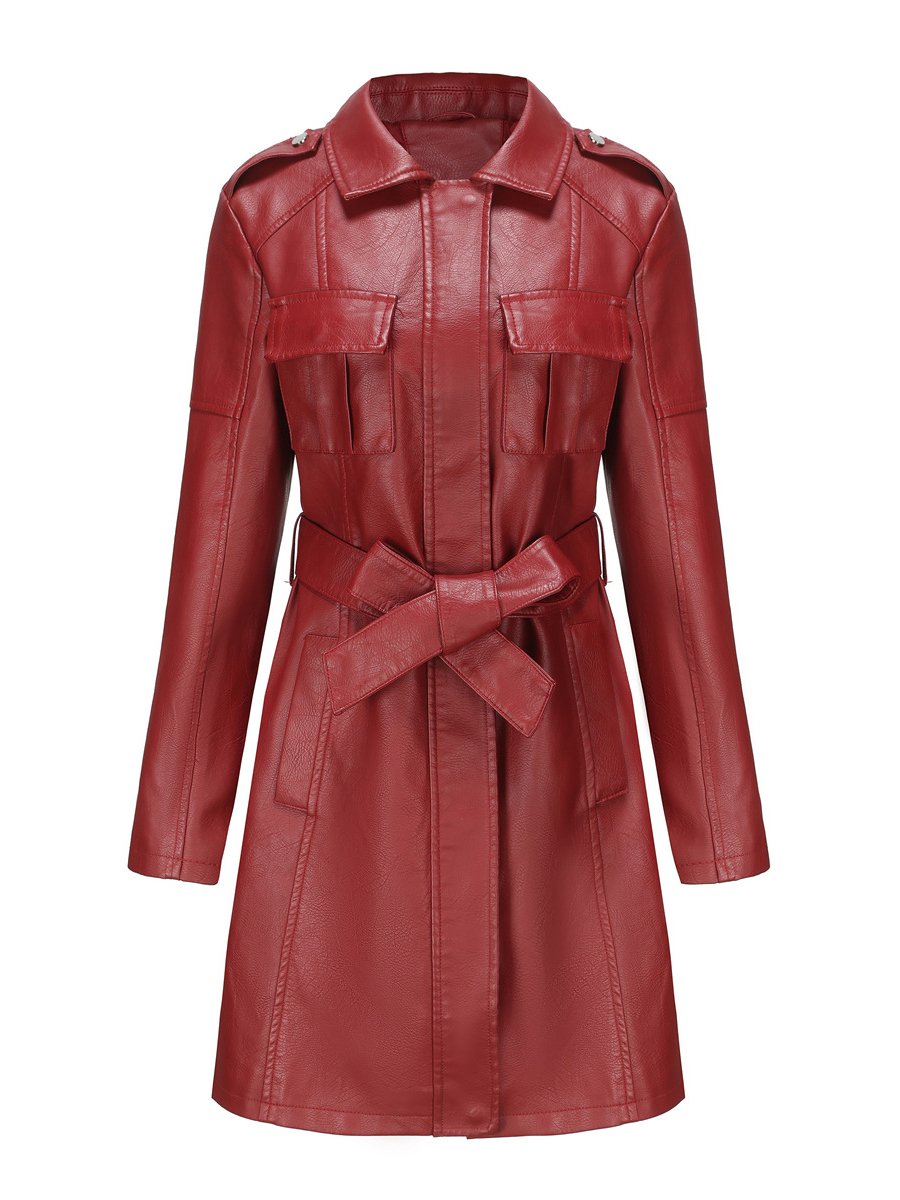 Classic Faux Leather Plain Long-sleeved Trench Coat with Belt