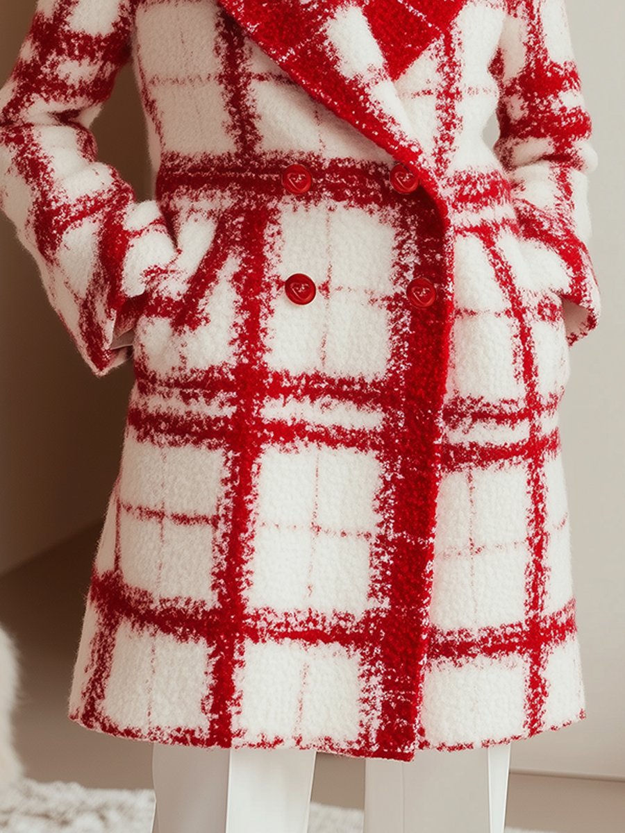 Textured Red Plaid Double-Breasted Wool Coat