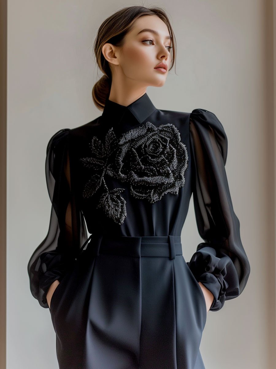 Sophisticated Sheer Sleeve Blouse with Floral Embellishment