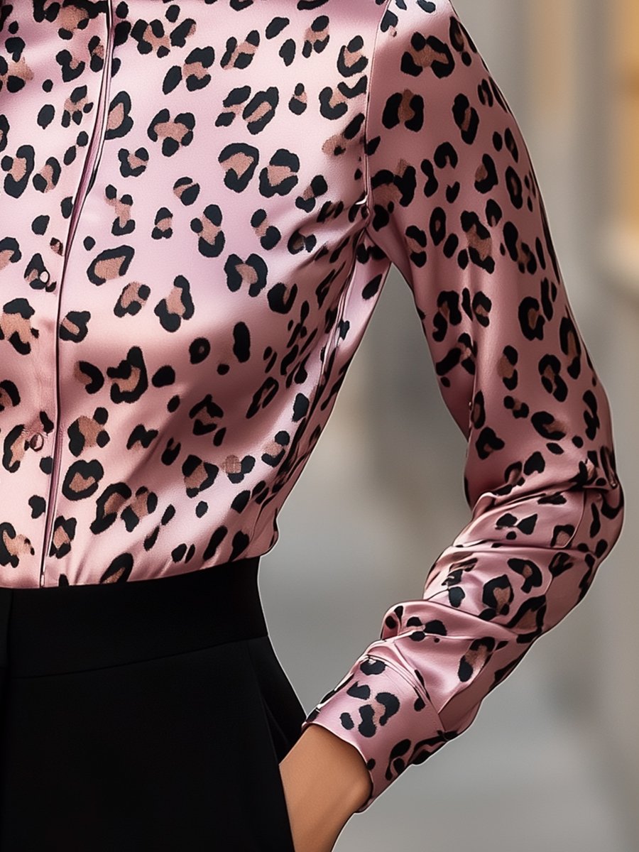Refined Soft Pink Leopard Satin Blouse with Sleek Collar