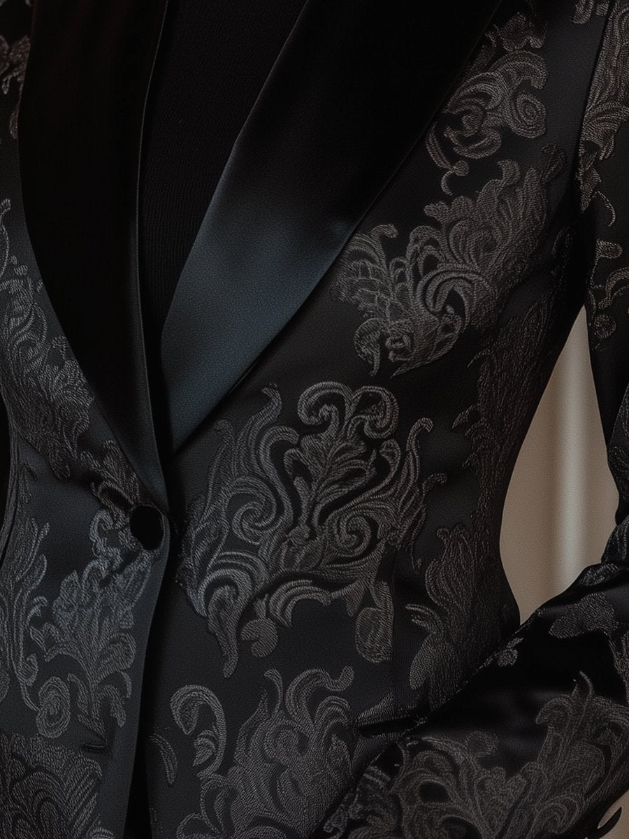 Black Satin Jacquard Blazer with Elegant Baroque Patterns