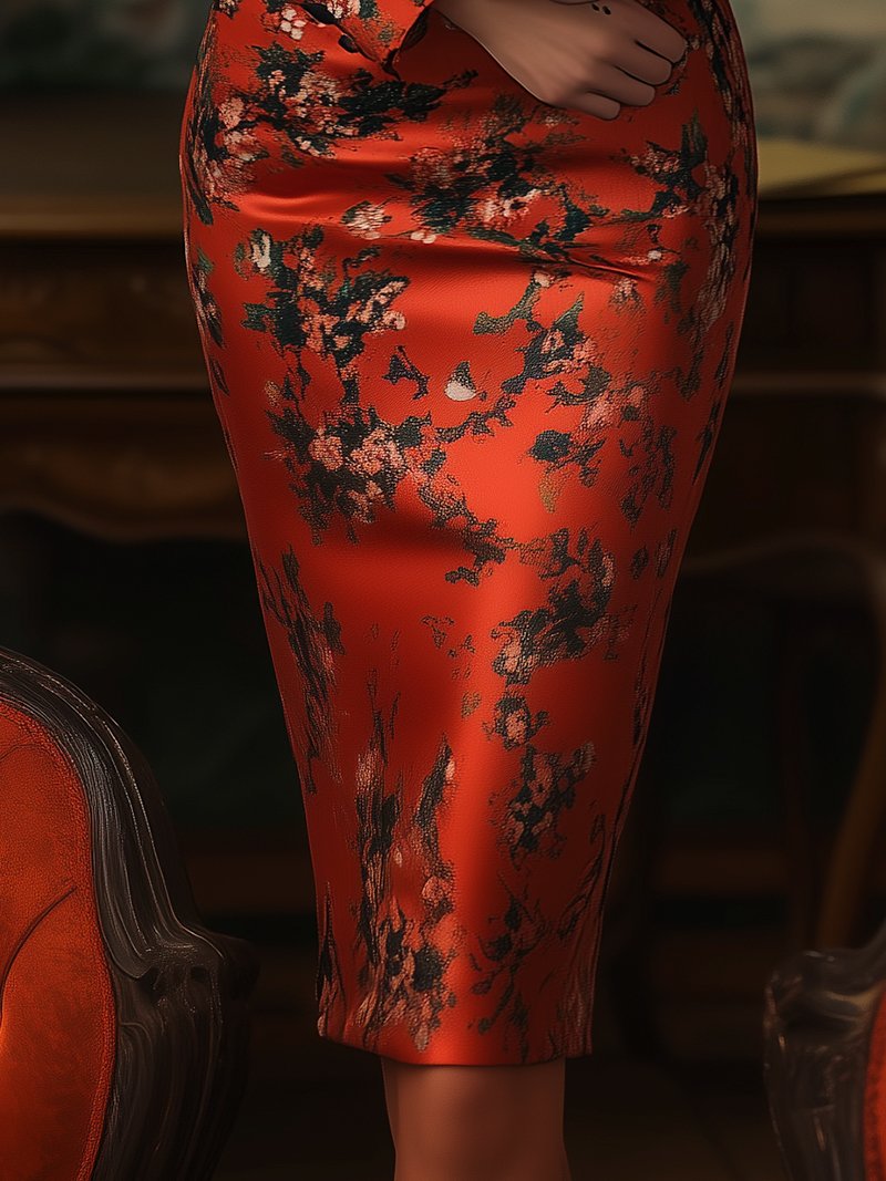 Elegant Red Floral Satin Blazer Dress with Black Trim