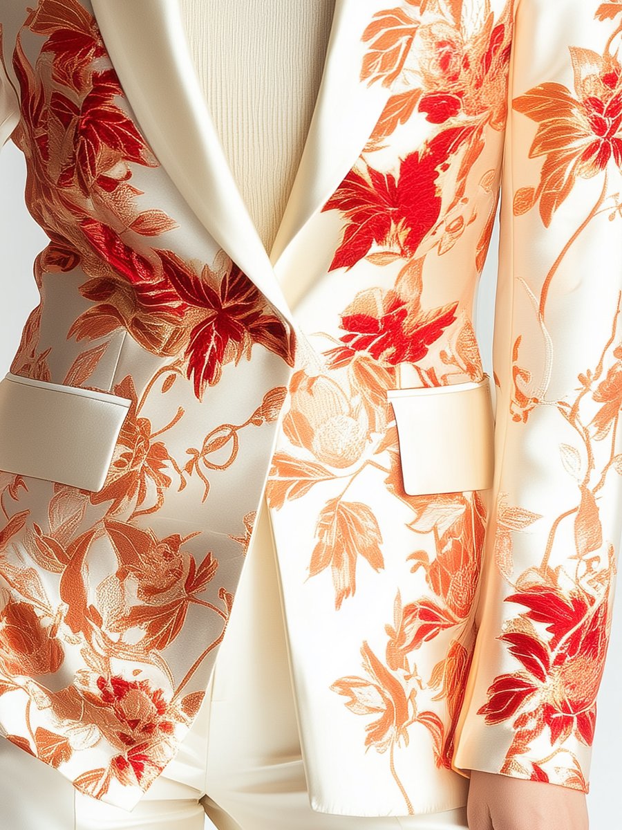Elegant Ivory Satin Blazer with Bold Red and Gold Florals