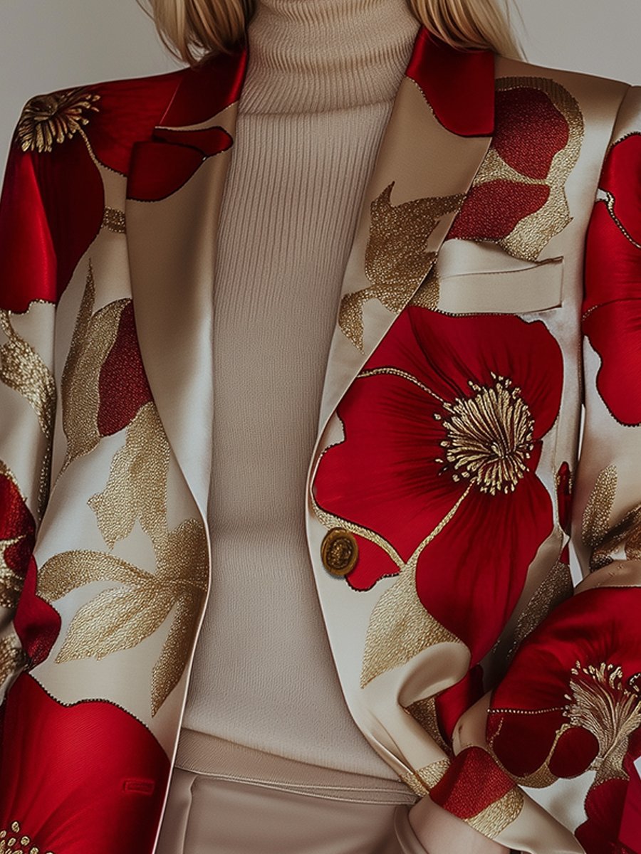 Ivory Satin Blazer with Bold Red Floral Printed