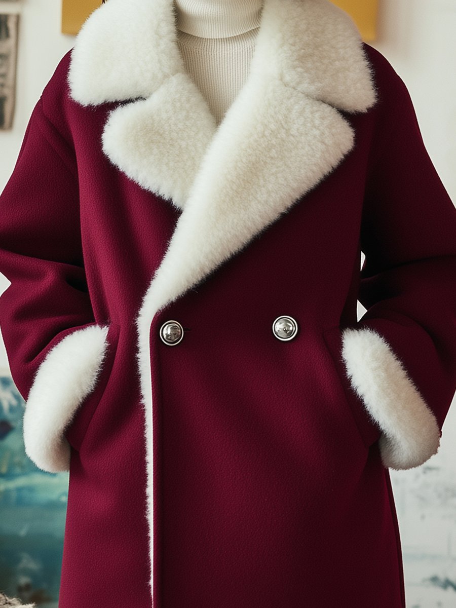 Burgundy Double-Breasted Sherpa Women's Coat