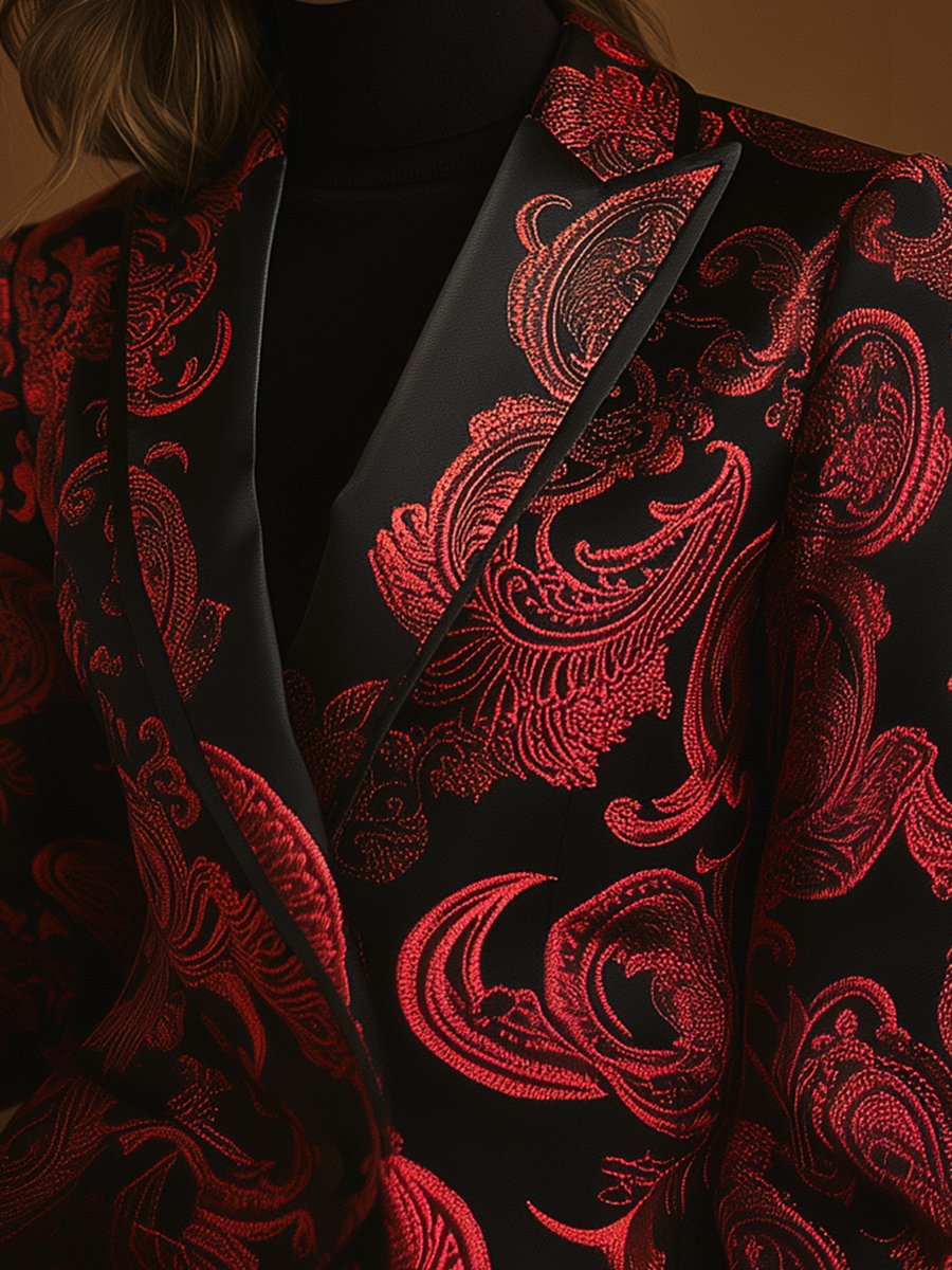 Refined Black Satin Jacquard Blazer with Red Baroque Design