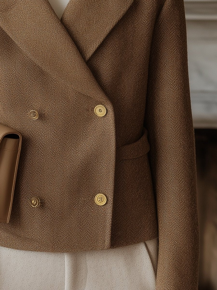 Shearling Collar Herringbone Blazer in Camel Brown