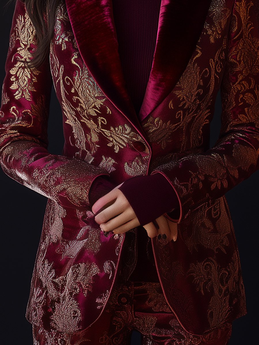 Burgundy Jacquard Blazer with Gold Floral Details and Velvet Lapels