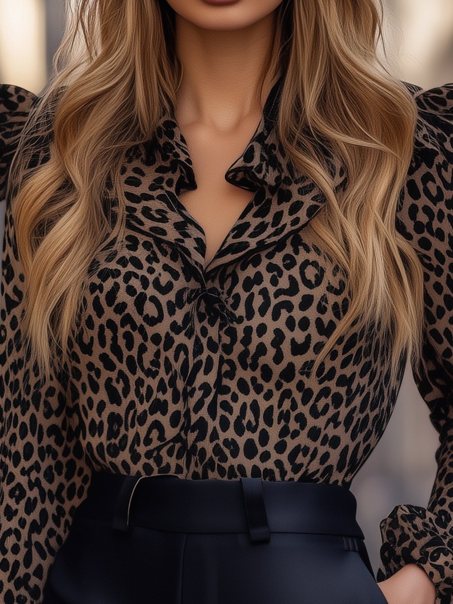 Elegant Brown Leopard Satin Blouse with Chic Ruffled Shoulders