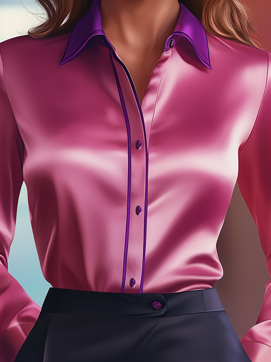 Bold Satin Blouse with Vibrant Pink and Purple Contrasts