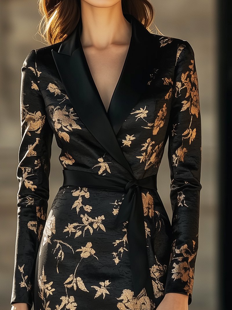 Modern Black Jacquard Wrap Dress with Gold Floral Patterns