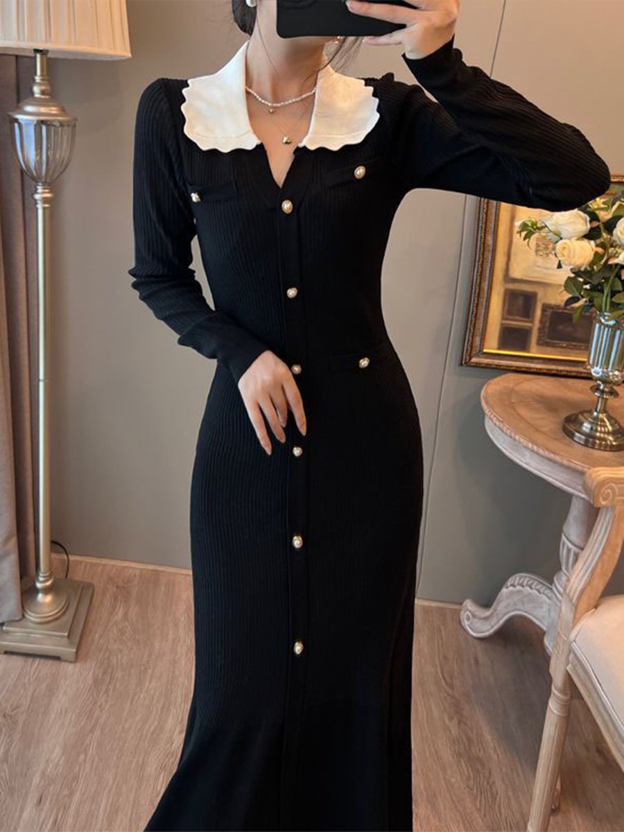 Polo Collar Contrast Color Knitted Dress