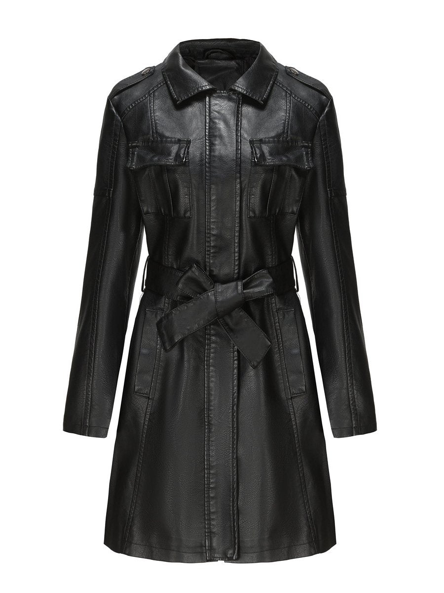 Classic Faux Leather Plain Long-sleeved Trench Coat with Belt