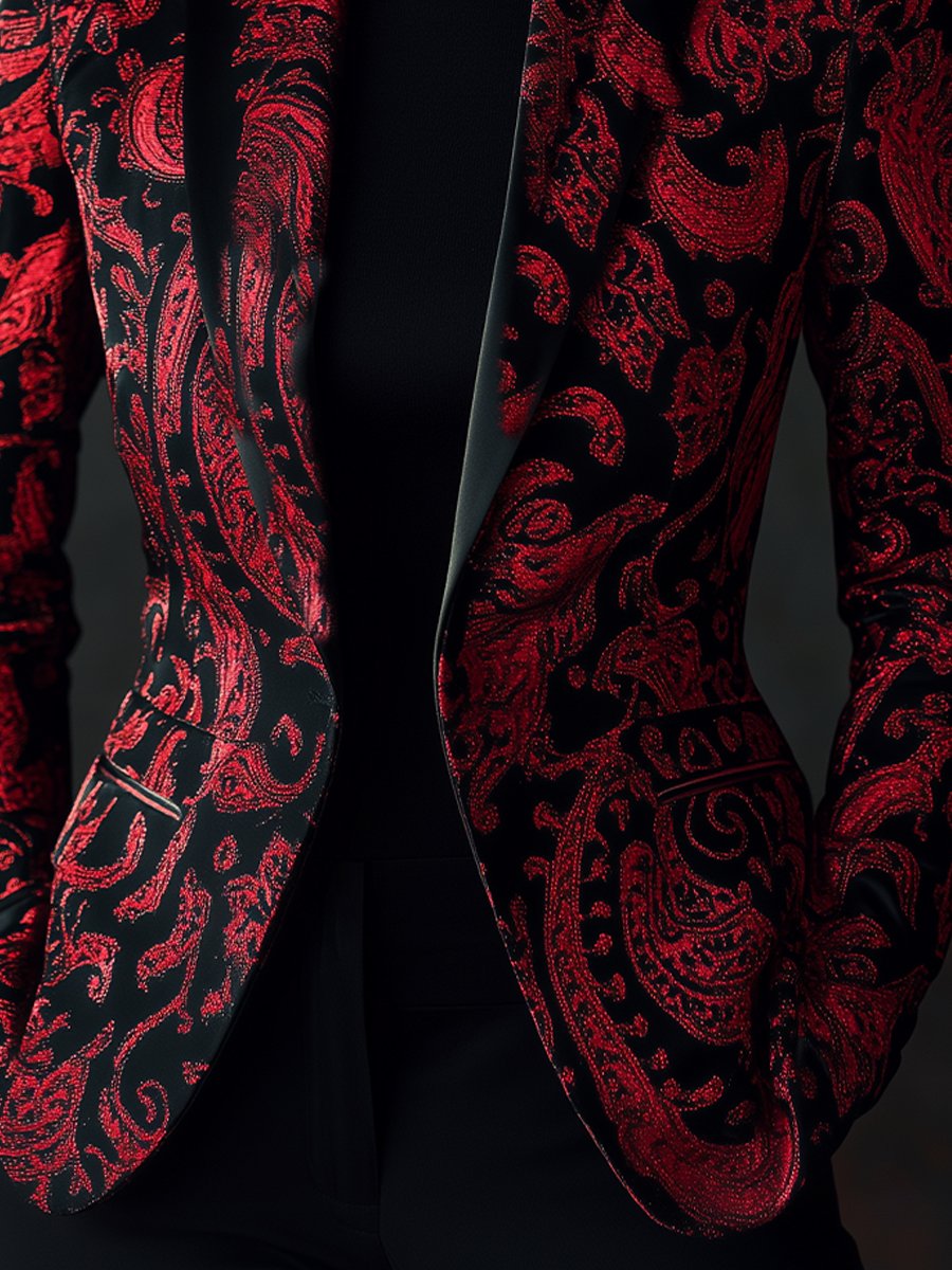 Sophisticated Black and Red Paisley Satin Jacquard Blazer