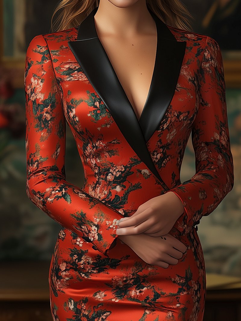 Elegant Red Floral Satin Blazer Dress with Black Trim