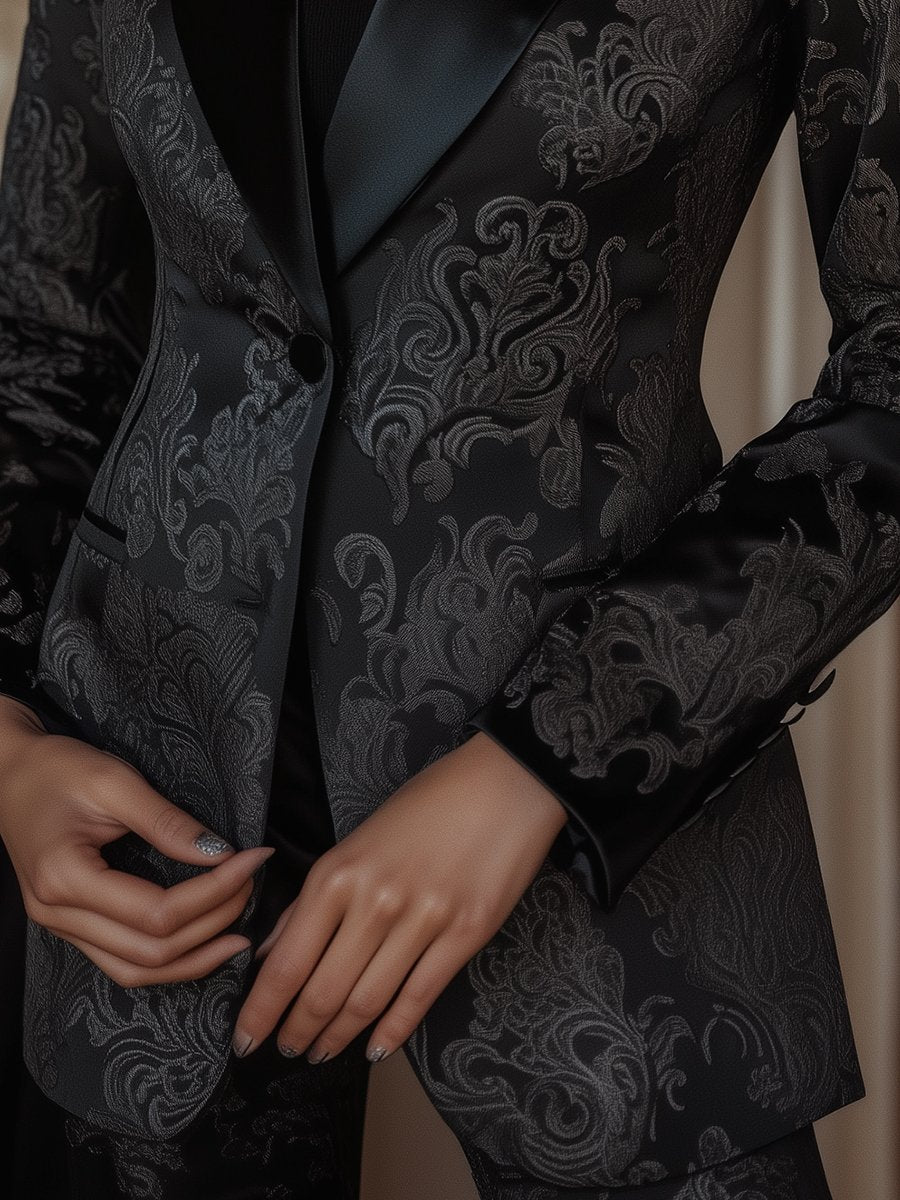 Black Satin Jacquard Blazer with Elegant Baroque Patterns