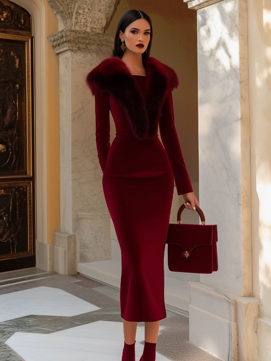 Burgundy Velvet Dress with Luxe Fur Collar