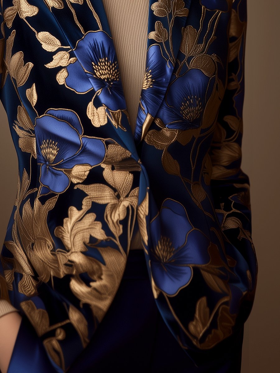 Royal Blue Satin Blazer with Golden Floral Printed
