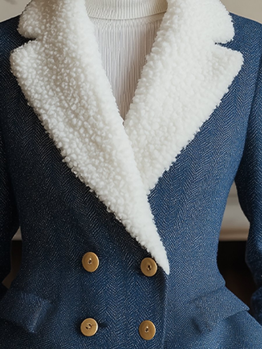 Classic Blue Herringbone Blazer with Shearling Lapel