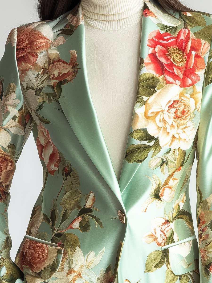Mint Green Satin Blazer with Lush Floral Patterns
