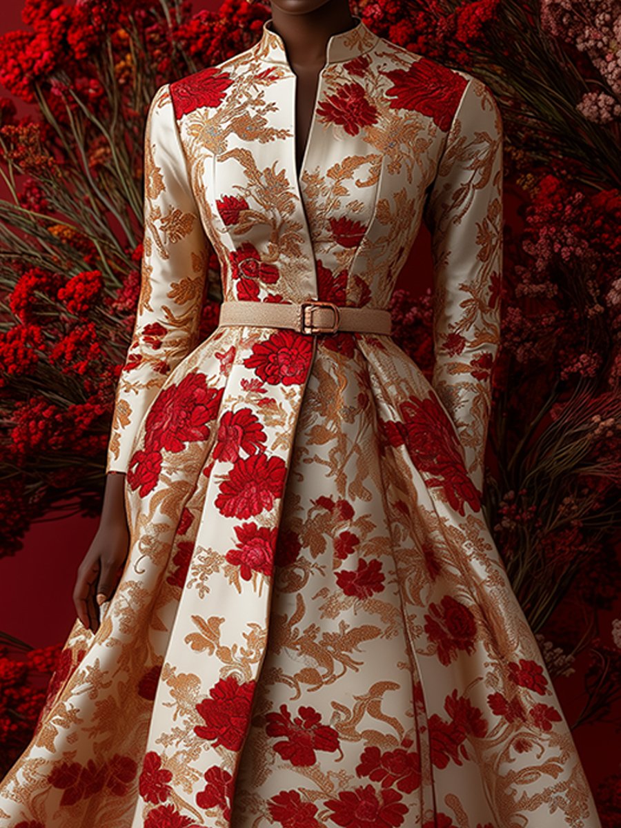 Ivory and Red Satin Jacquard Dress with Bold Floral Patterns