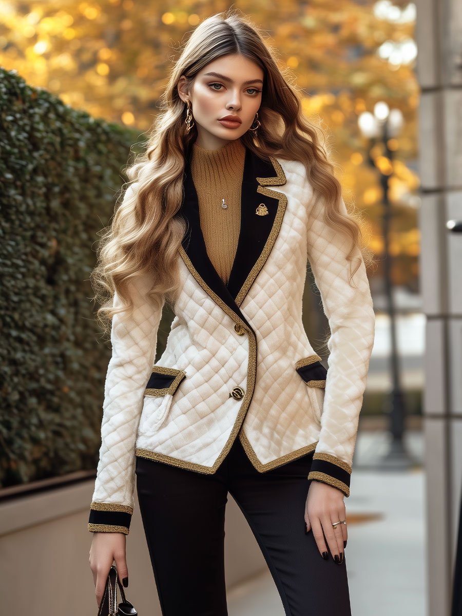 Chic White Quilted Blazer with Black Contrast and Gold Accents