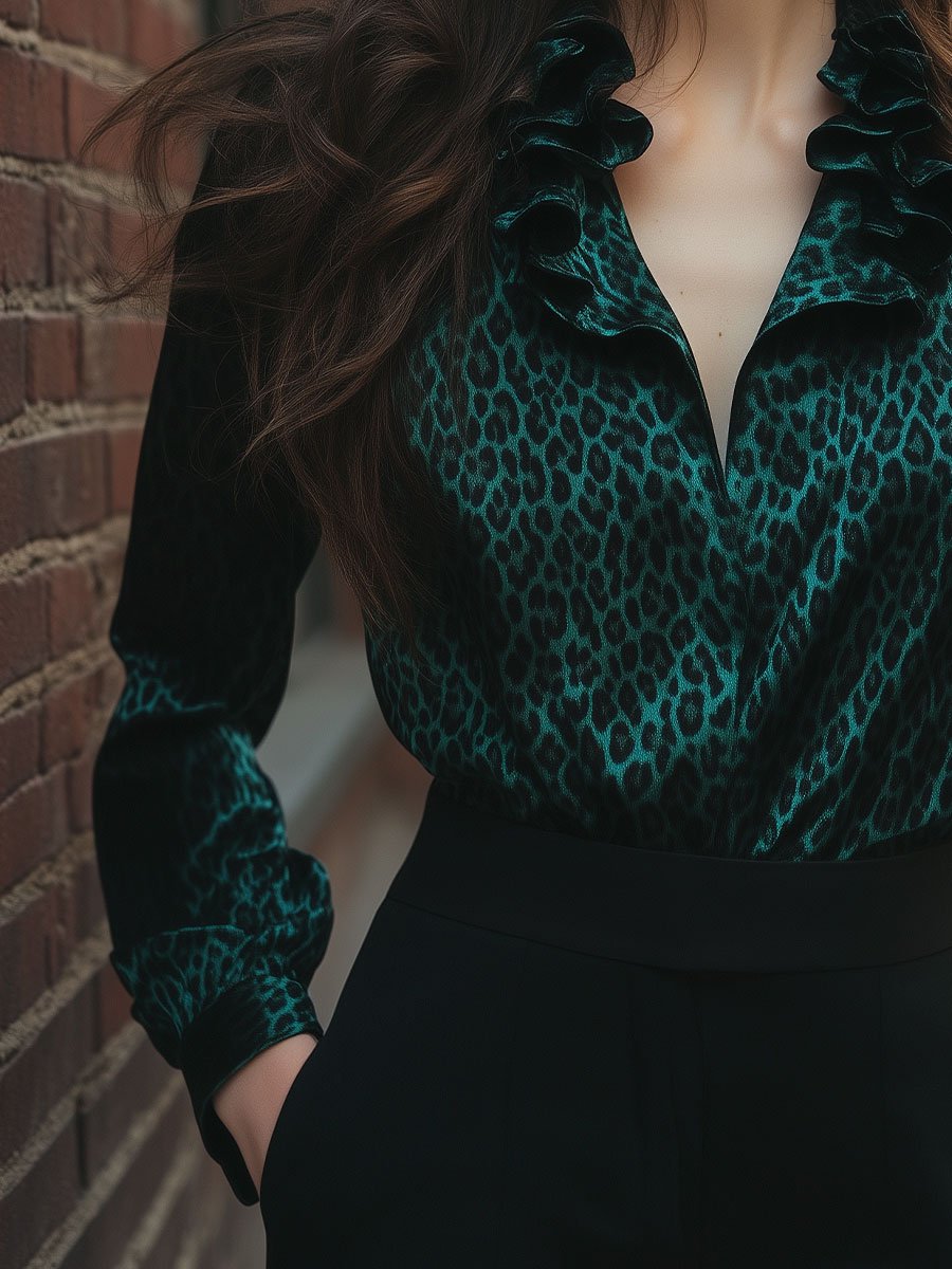 Leopard Print Satin Blouse with Ruffled Collar
