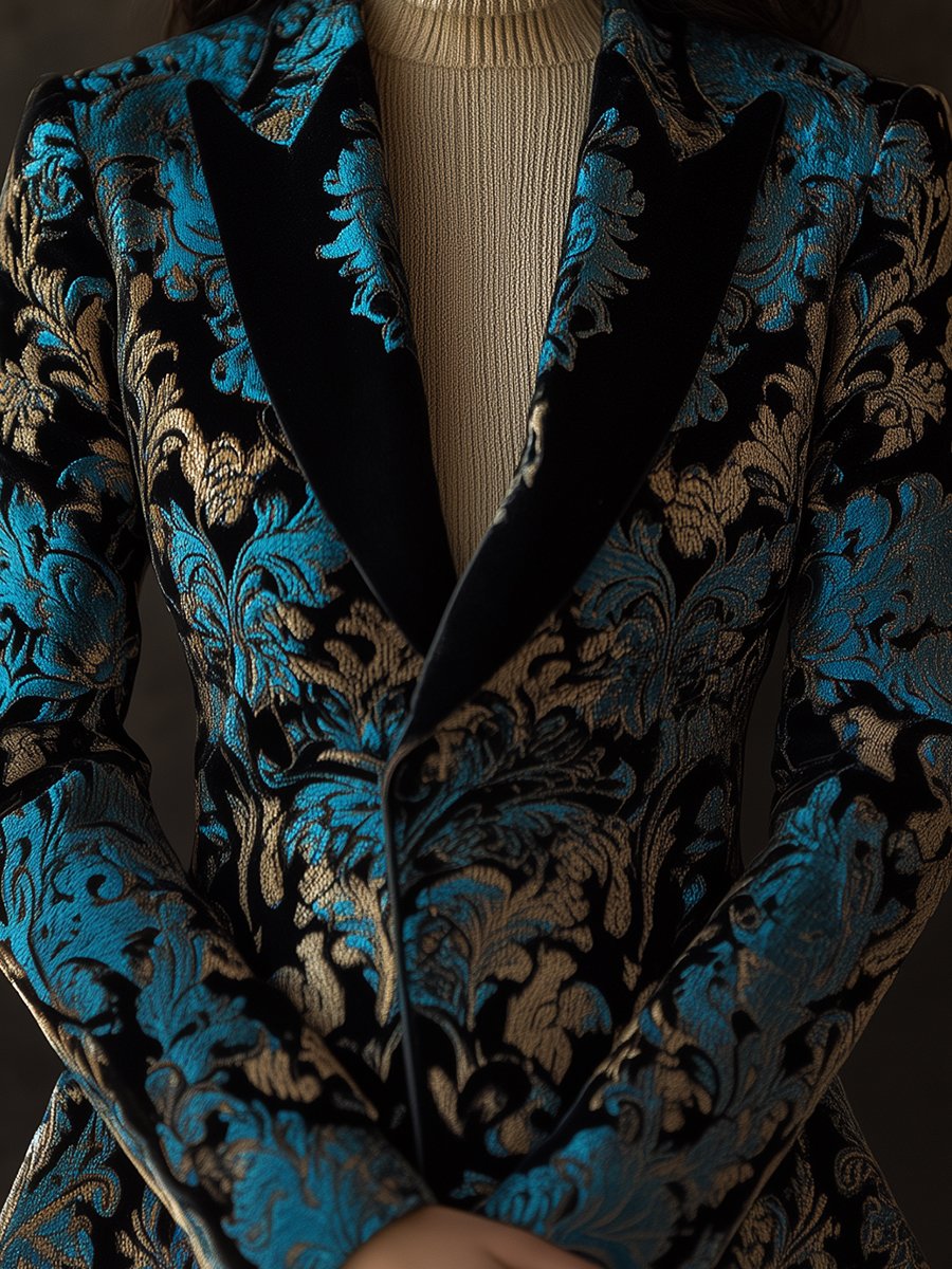 Black Blazer with Teal and Gold Baroque Patterns