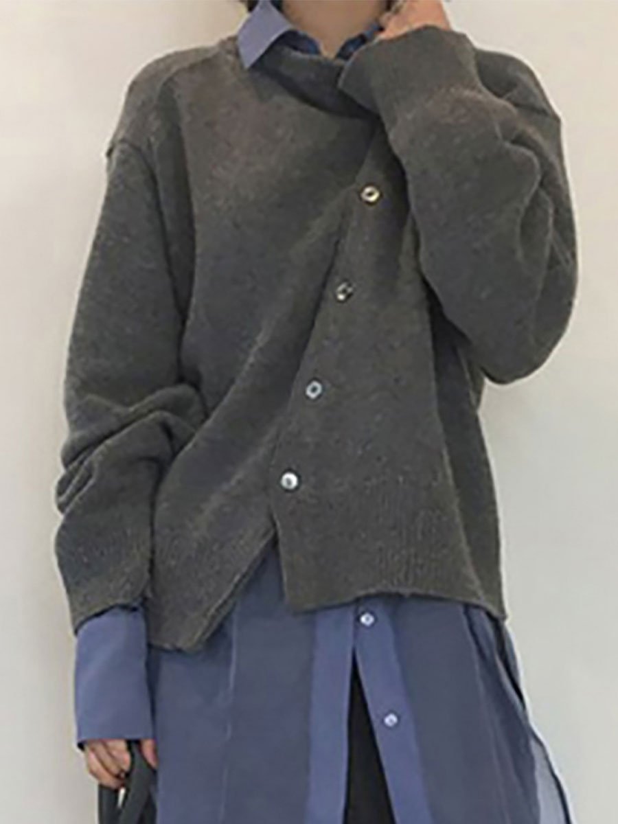 Asymmetric Buttoned Plain Cardigan