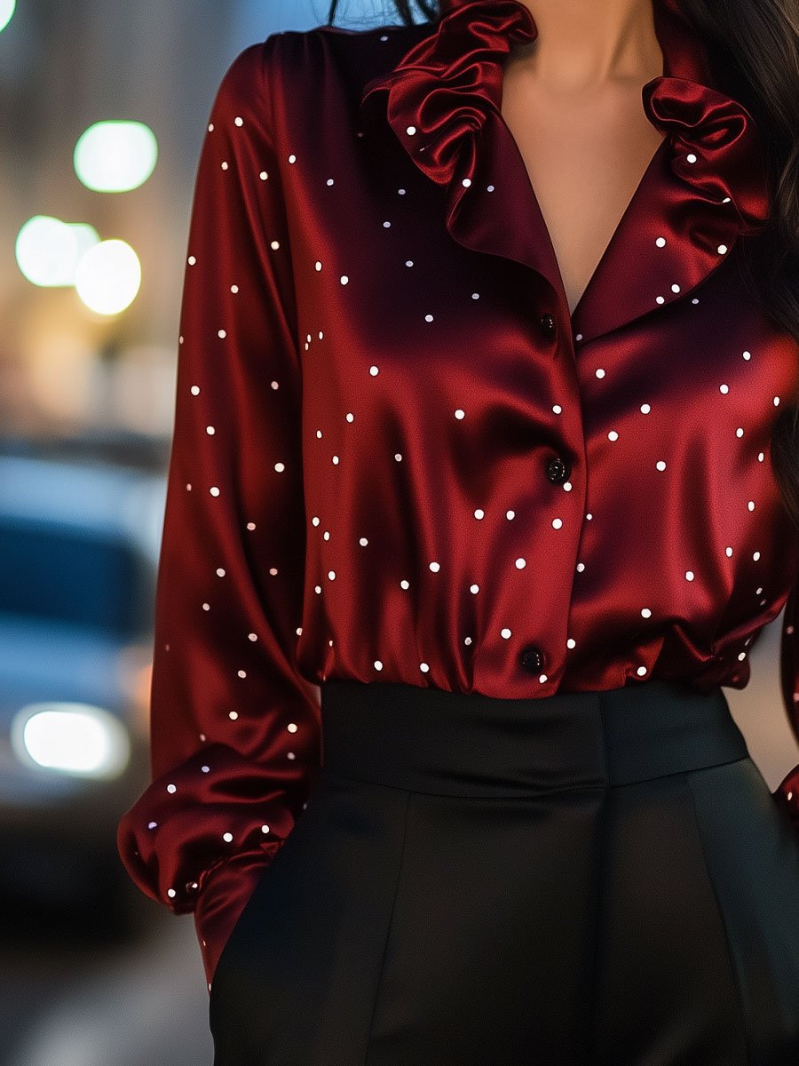 Ruffled Satin Blouse with Dainty Dots