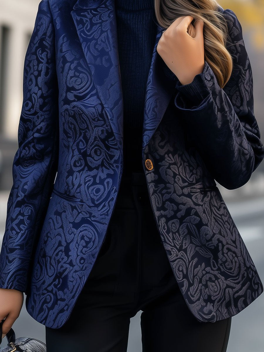 Luxurious Midnight Blue Brocade Blazer with Textured Details
