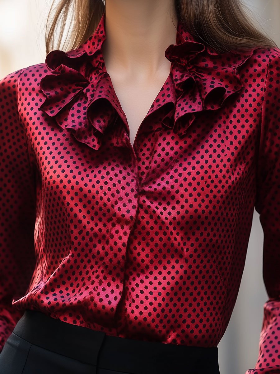 Red Polka Dot Satin Blouse with Ruffle Accents