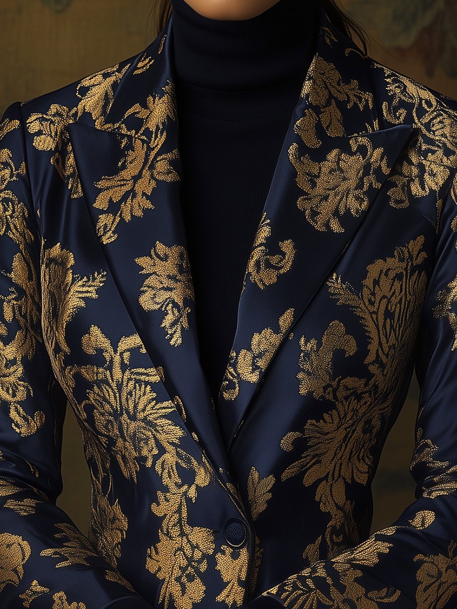Navy Satin Blazer with Bold Gold Floral Design