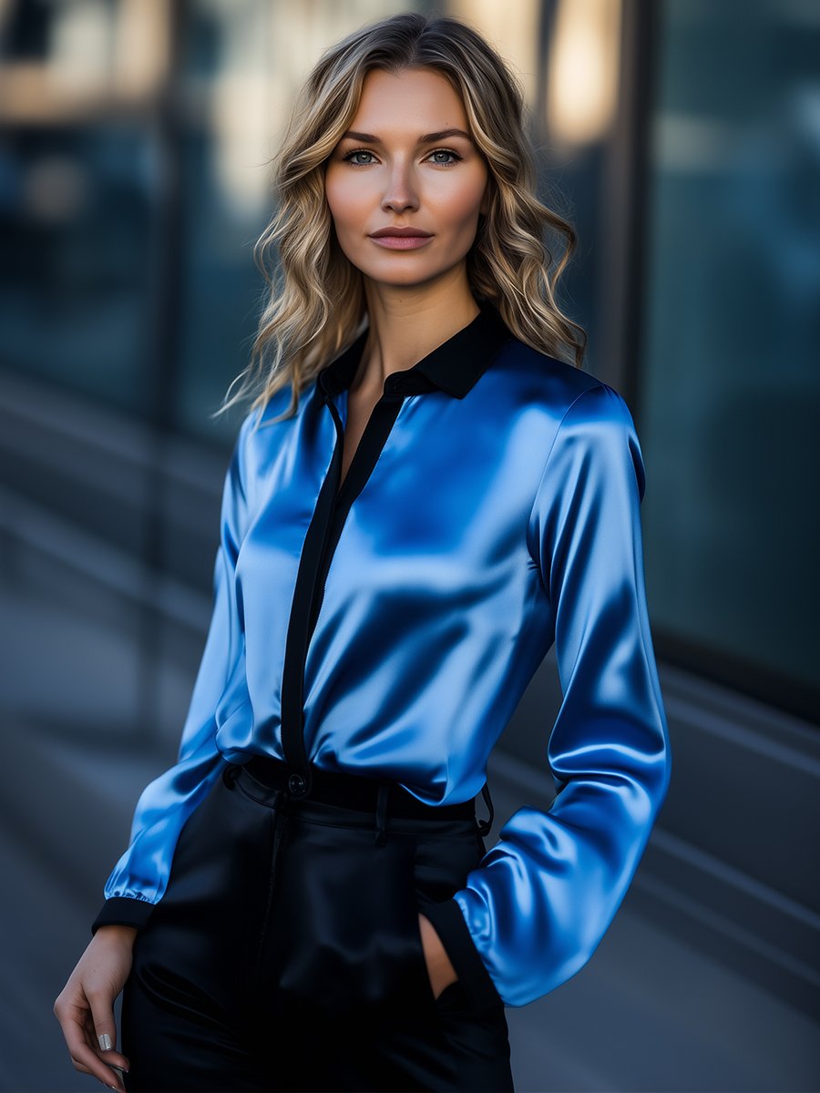 Electric Blue Satin Blouse with Sleek Black Contrast