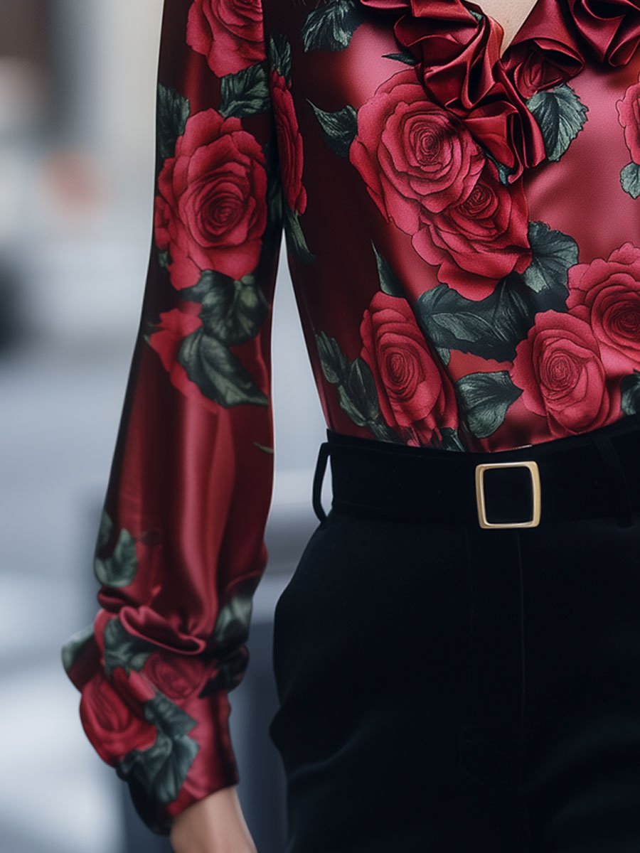 Ruffled Roses Satin Blouse