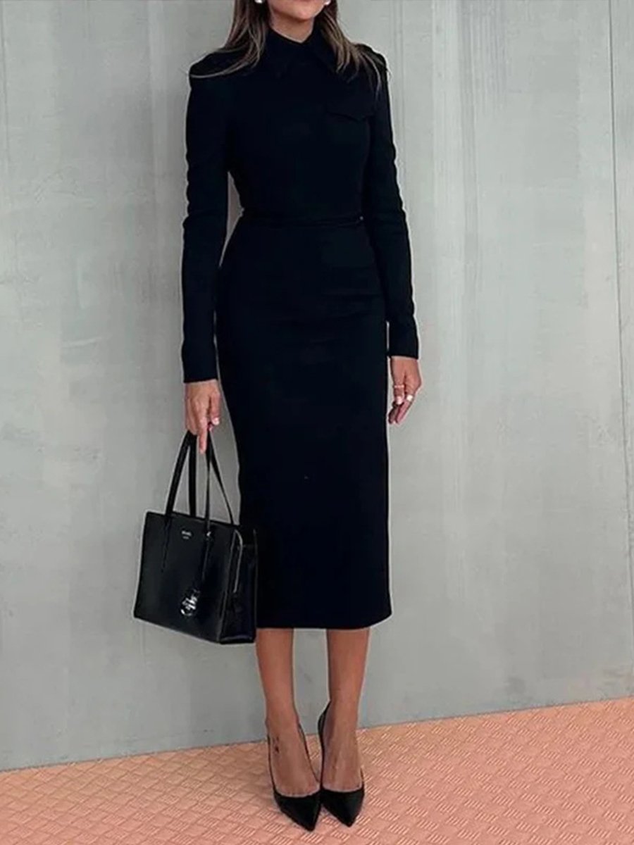 Solid Color Fashionable Lapel Slim Fit Hip-hugging Dress