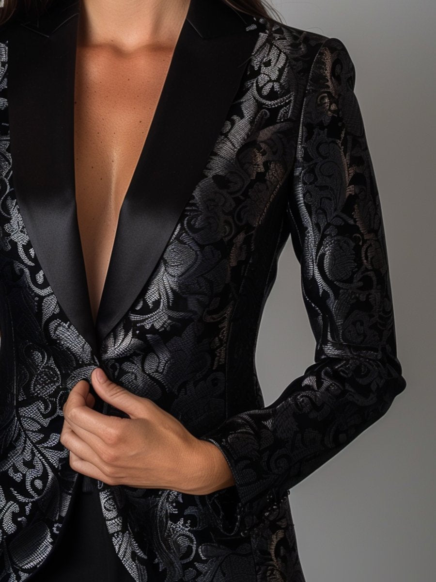 Luxury Black and Silver Floral Jacquard Blazer