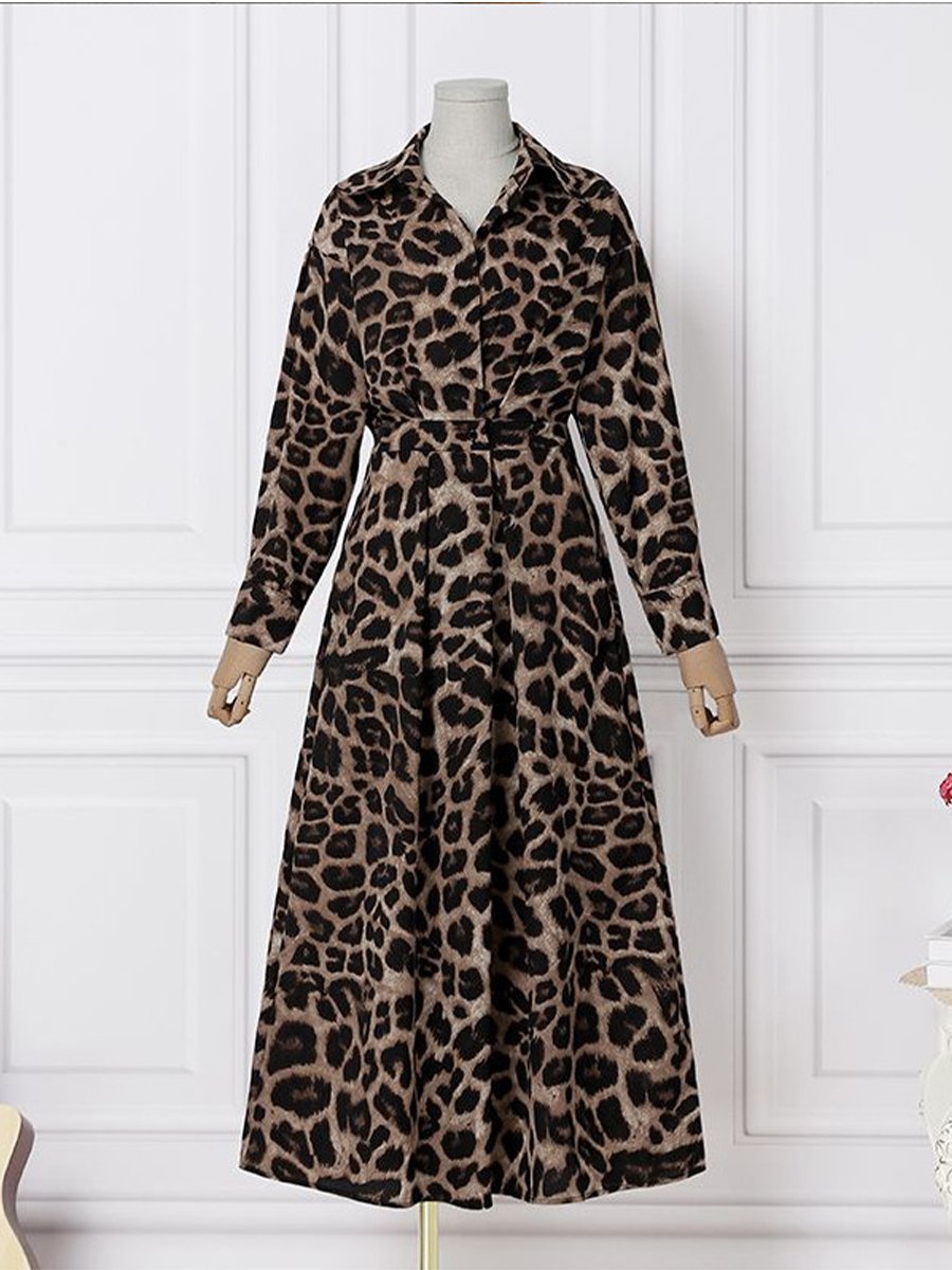 Casual Leopard Cotton And Linen Elastic Waist Dress