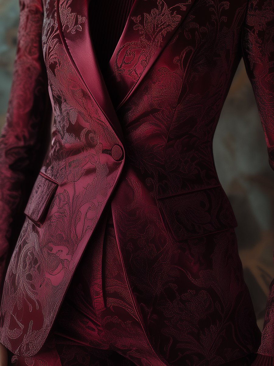 Burgundy Baroque Jacquard Blazer with Intricate Floral Patterns