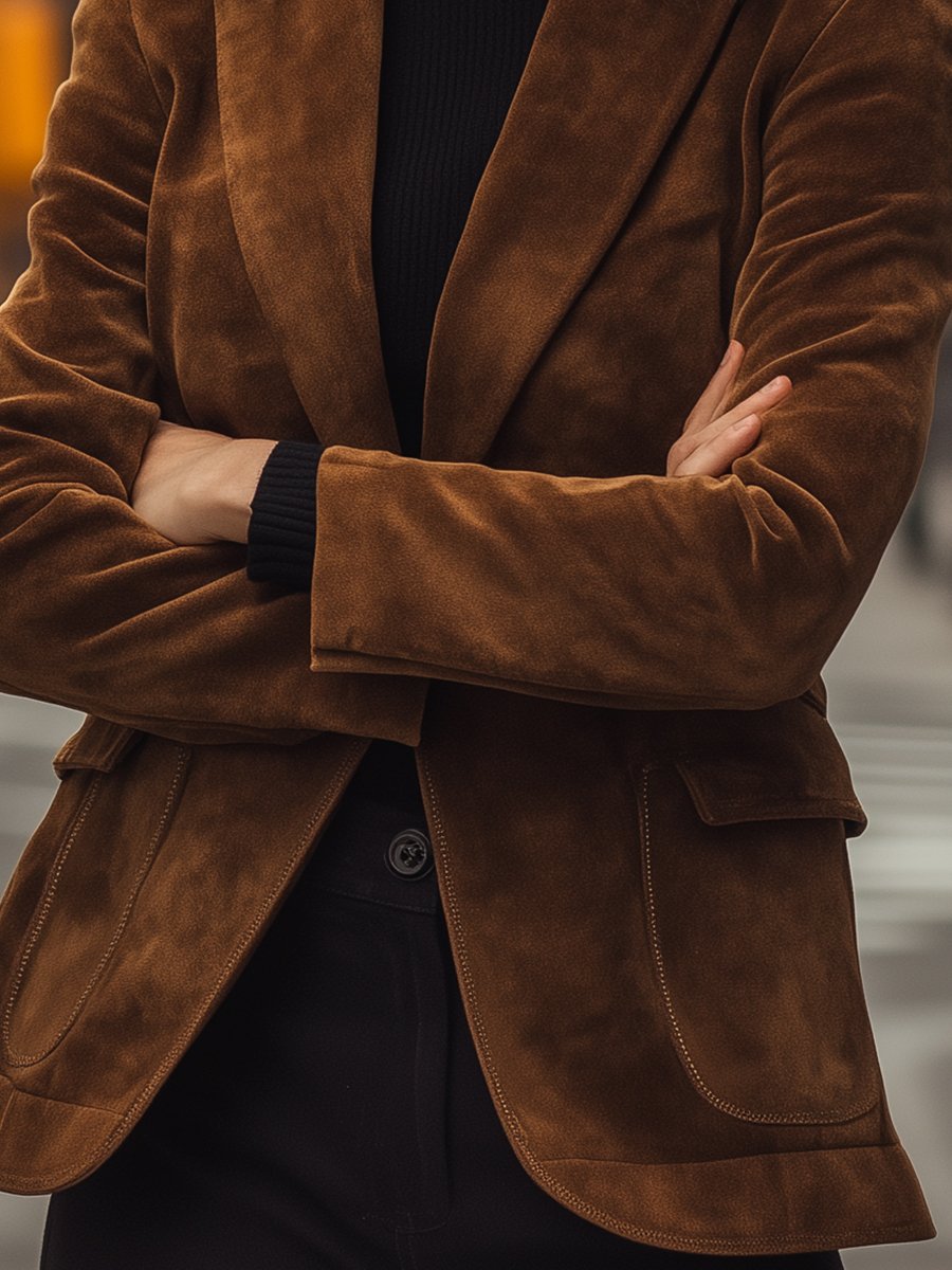 Elegant Brown Suede Blazer with Classic Tailoring
