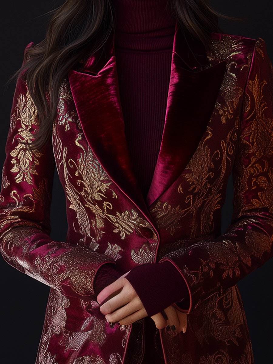 Burgundy Jacquard Blazer with Gold Floral Details and Velvet Lapels
