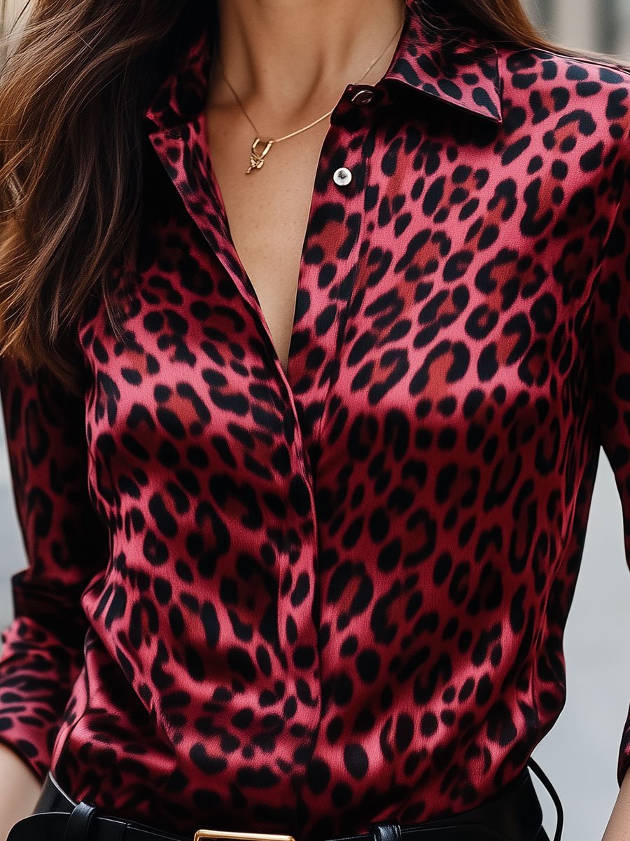Sleek Red Leopard Print Satin Blouse