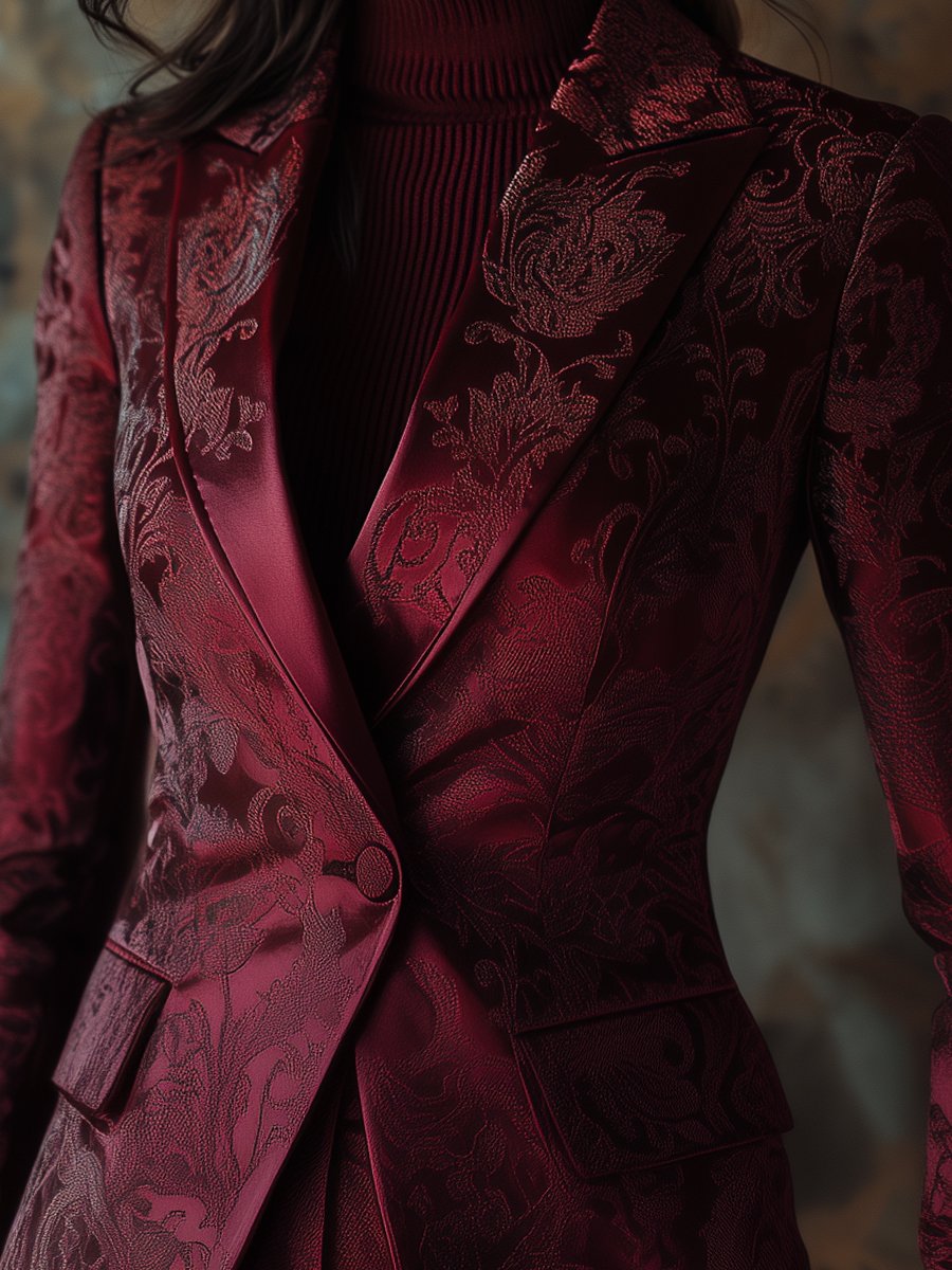 Burgundy Baroque Jacquard Blazer with Intricate Floral Patterns