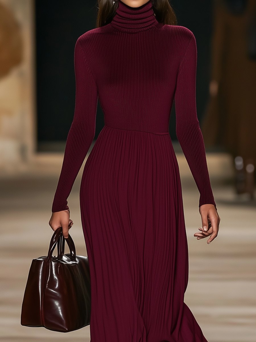 Wine Red Ribbed Turtleneck Maxi Dress