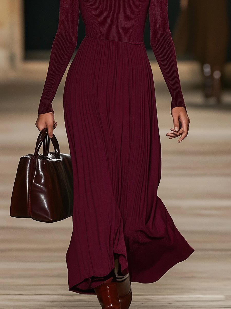 Wine Red Ribbed Turtleneck Maxi Dress