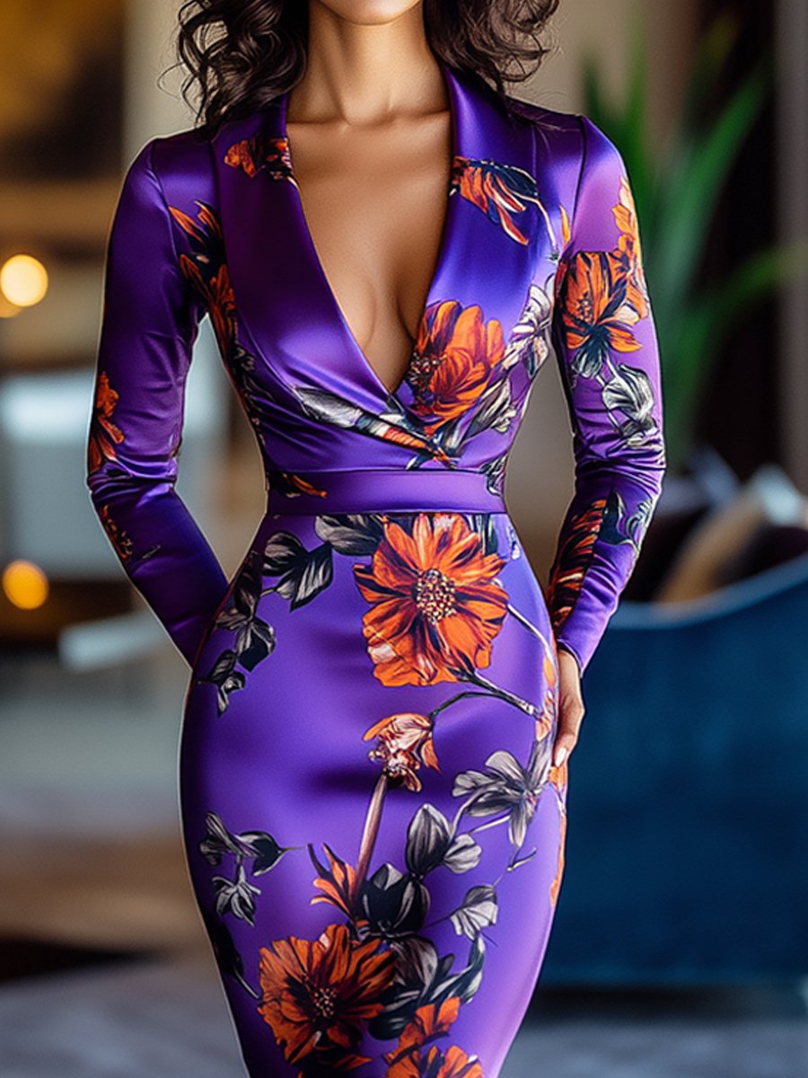 Vibrant Floral Satin Wrap Dress in Purple