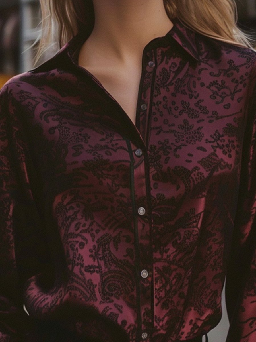 Chic Burgundy Jacquard Button-Up Blouse