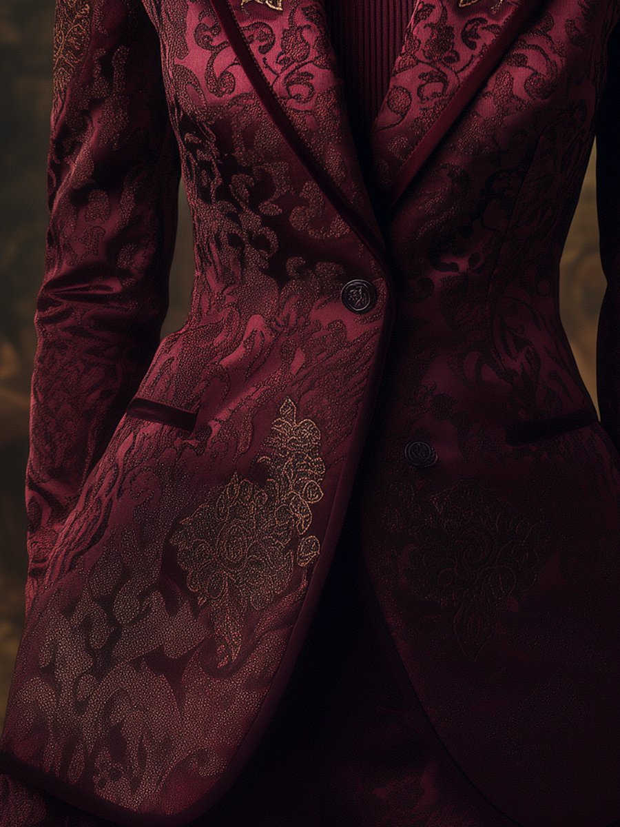 Burgundy Jacquard Blazer with Intricate Floral Pattern
