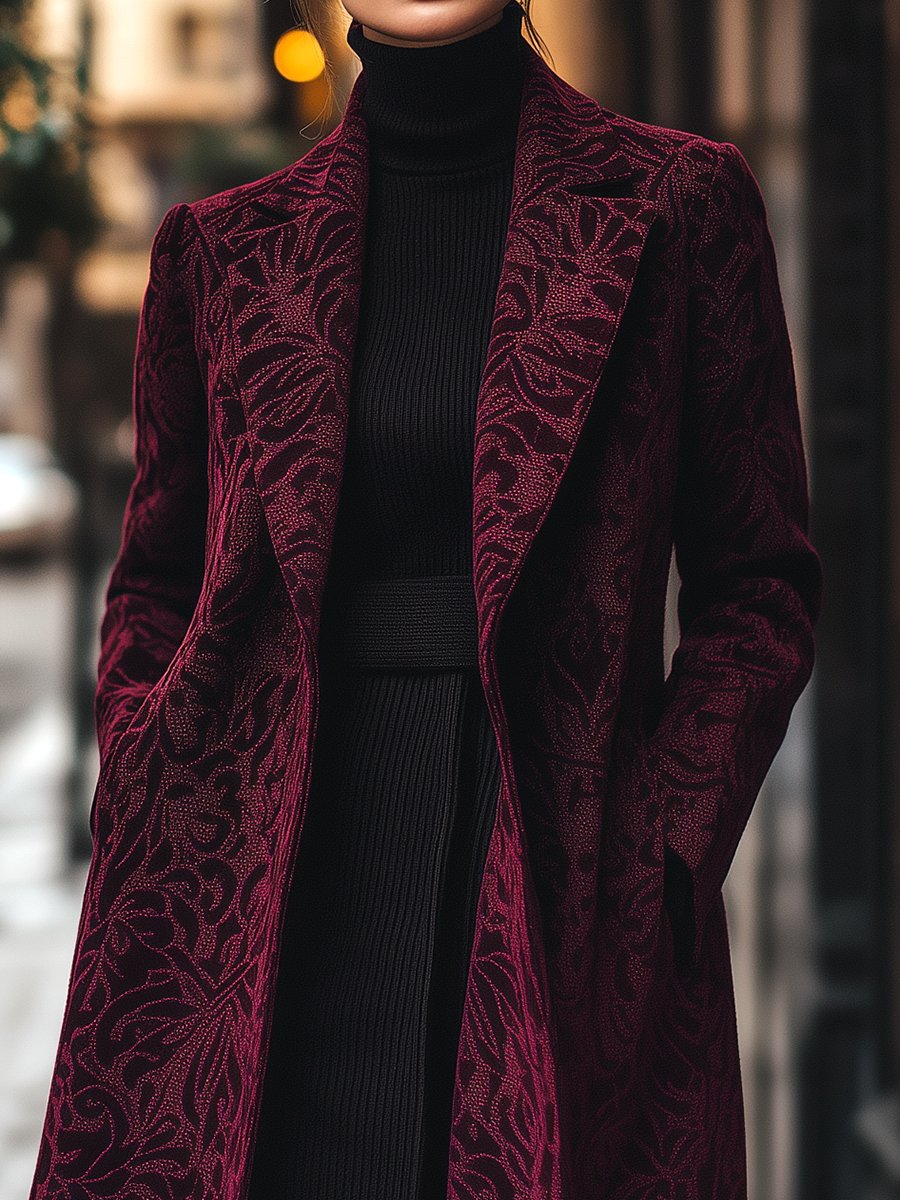 Rich Burgundy Jacquard Coat for Winter